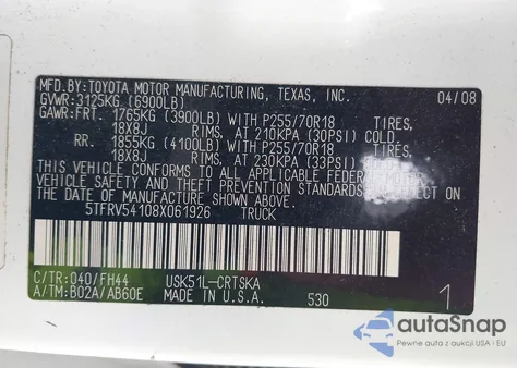 2008 Toyota Tundra Base 5.7L V8 from USA, damaged, VIN 5TFRV54108X061926